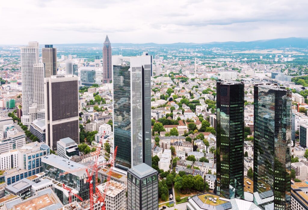 Aerial view of financial district in Frankfurt, Germany. Skyscrapers and high rise architecture